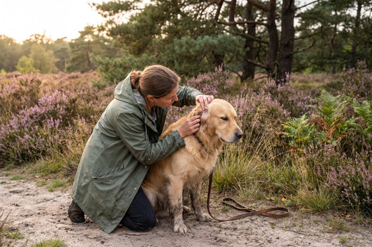 Vrouw zoekt op de heide met haar vingers achter het oor van een golden retriever naar teken