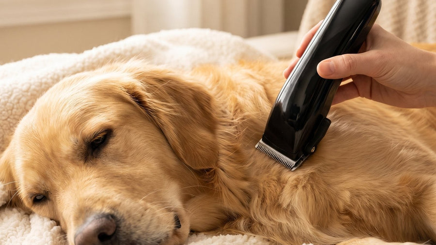 Golden retriever ligt ontspannen op een deken terwijl zijn flank wordt bijgewerkt met een zwarte draadloze hondentondeuse