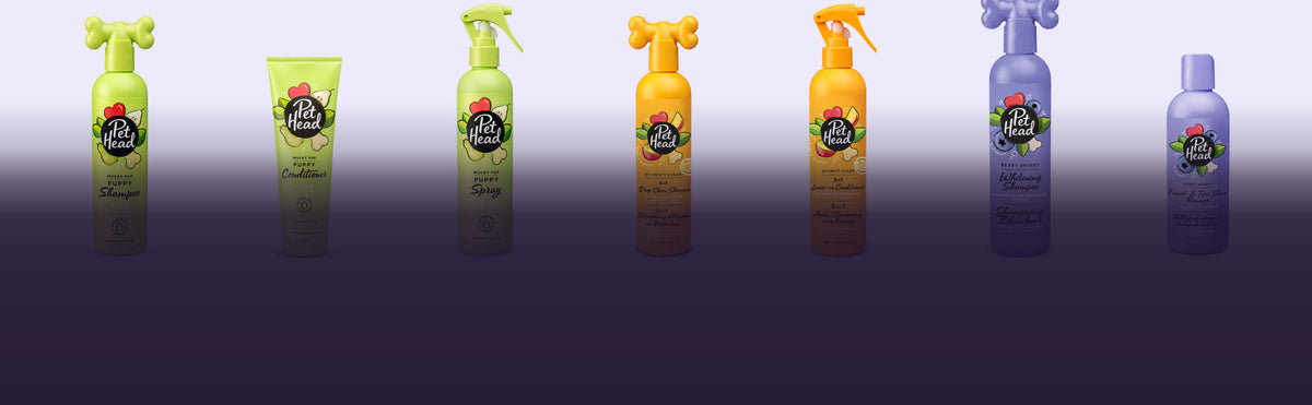 Voordeelsets van Robustrise: Pet Head shampoo, conditioner, vachtspray en vachtverzorging naast elkaar