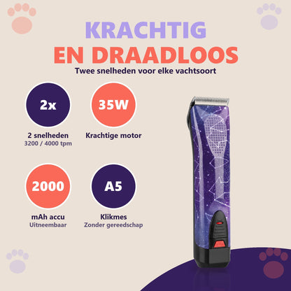 Draadloze Robustrise Apex Ultra hondentondeuse met 2 snelheden (3.200 en 4.000 toeren per minuut), 35 W-motor, uitneembare 2.000 mAh-accu en A5-klikmes