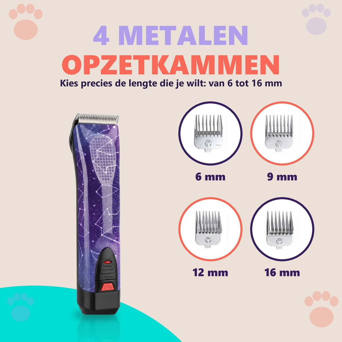 4 metalen opzetkammen van 6, 9, 12 en 16 mm naast de paarse Robustrise Apex Ultra hondentondeuse
