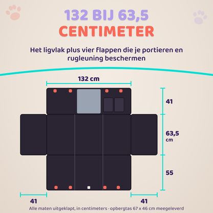 Maten van de Roadbed hondendeken voor de auto: ligvlak 132 bij 63,5 centimeter