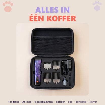Robustrise Apex Ultra hondentondeuse in de zwarte opbergkoffer met 4 opzetkammen, oplader, olie en borsteltje
