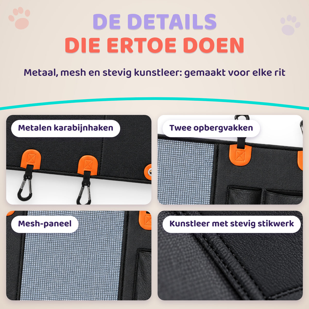 Details van de Roadbed hondendeken: karabijnhaken, opbergvakken, mesh-venster en stikwerk