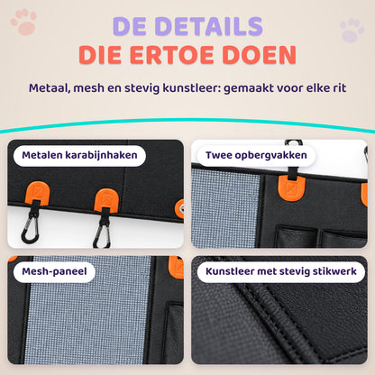 Details van de Roadbed hondendeken: karabijnhaken, opbergvakken, mesh-venster en stikwerk