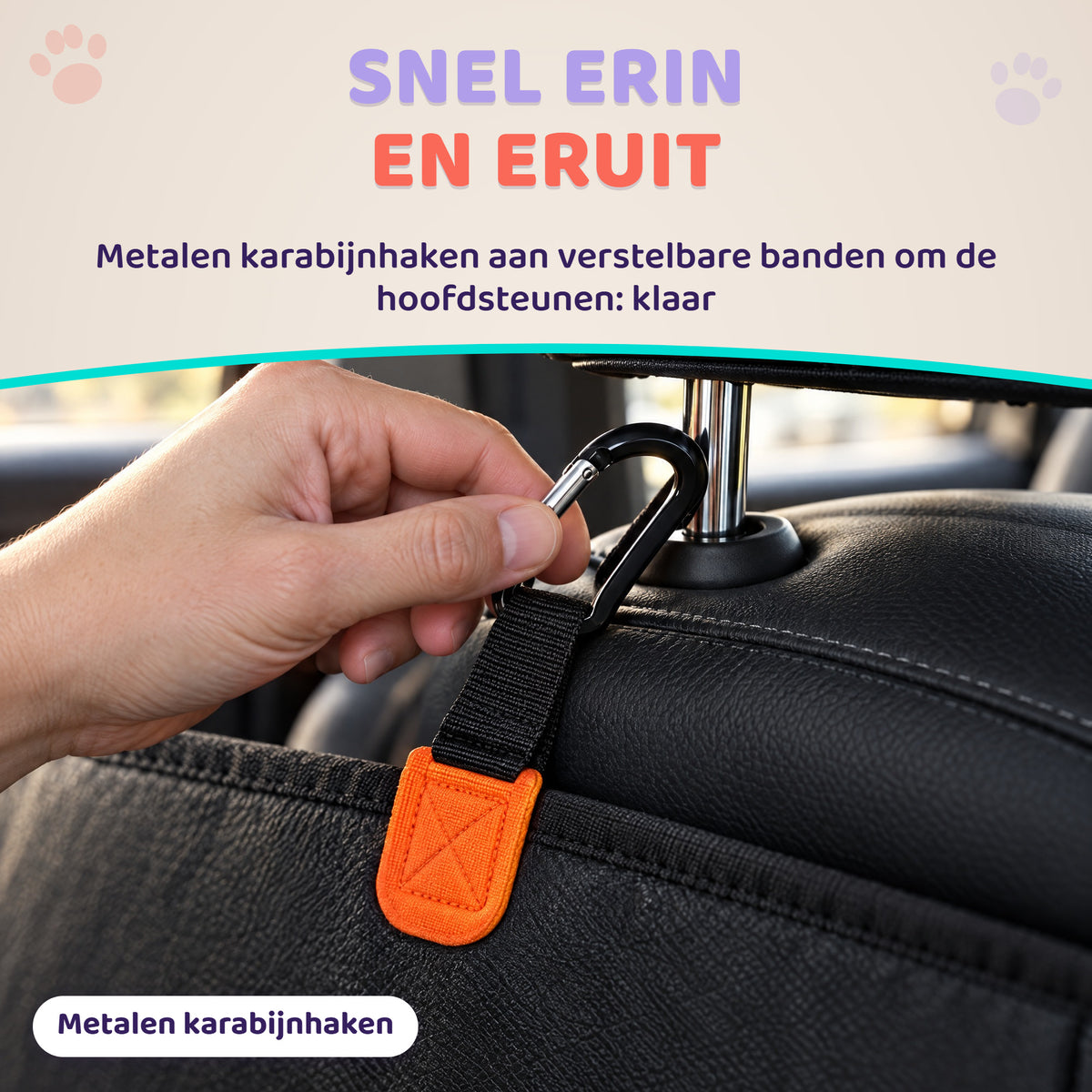 Karabijnhaak van de hondendeken aan de hoofdsteun hangen, snel erin en eruit