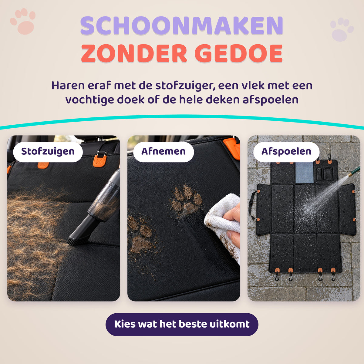 Hondendeken auto schoonmaken: stofzuigen, afnemen met een vochtige doek of afspoelen
