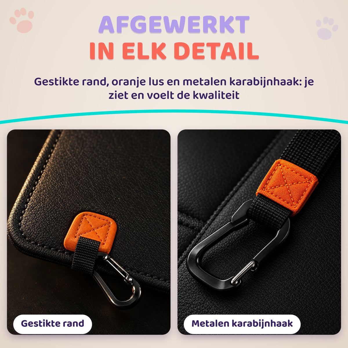 Afwerking van de hondendeken: gestikte rand en oranje lus met metalen karabijnhaak