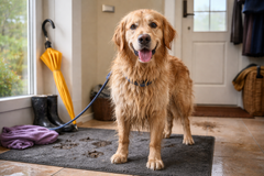 Natte golden retriever staat aangelijnd op de deurmat in de gang, terug van een regenwandeling