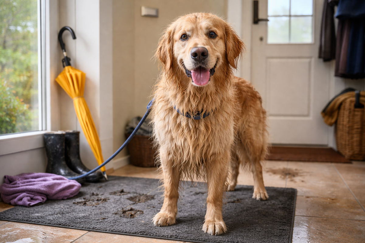 Retriever met natte vacht na een wandeling in de regen