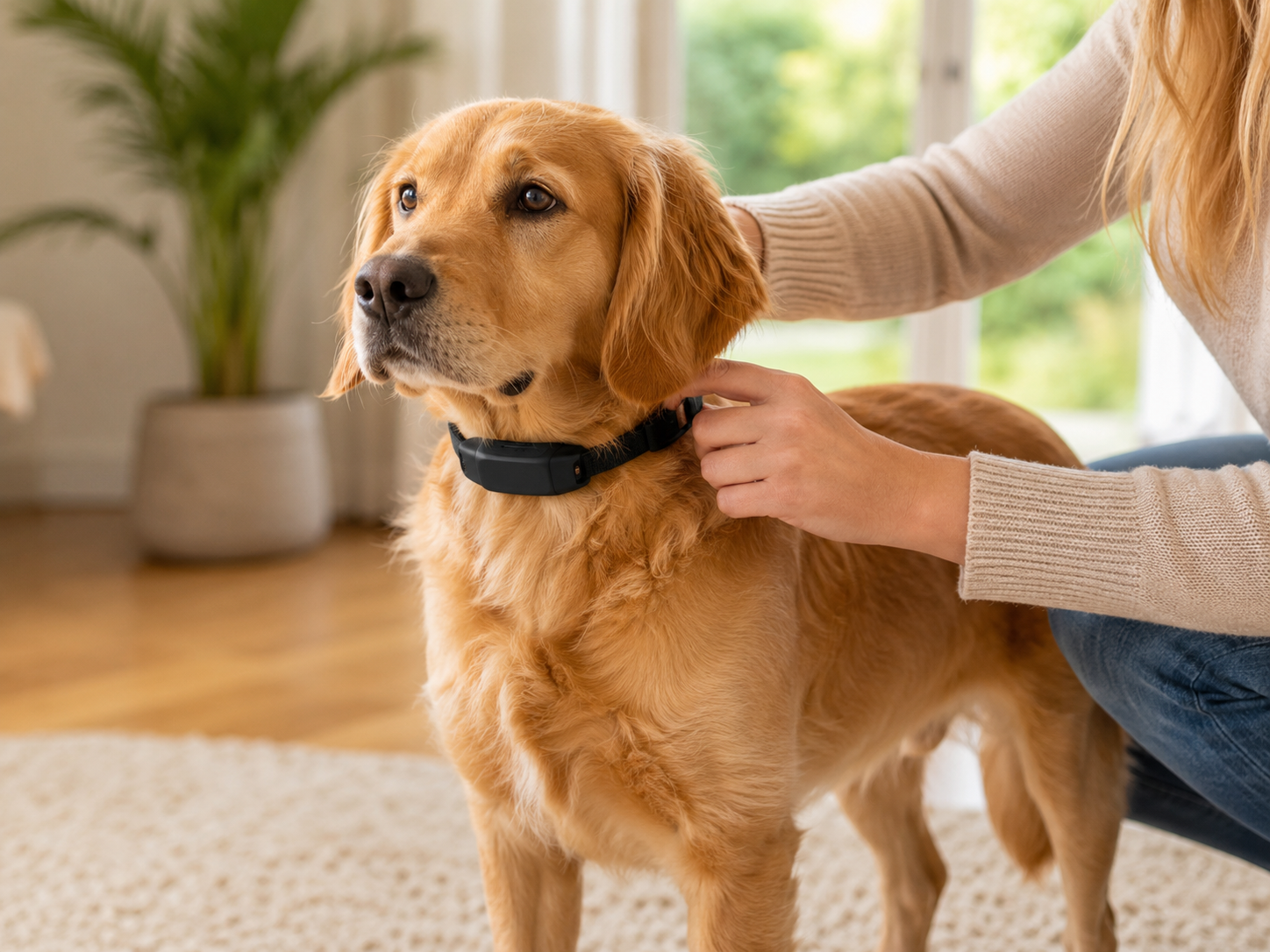 Eigenaar doet rustig een anti blafband om bij een ontspannen hond