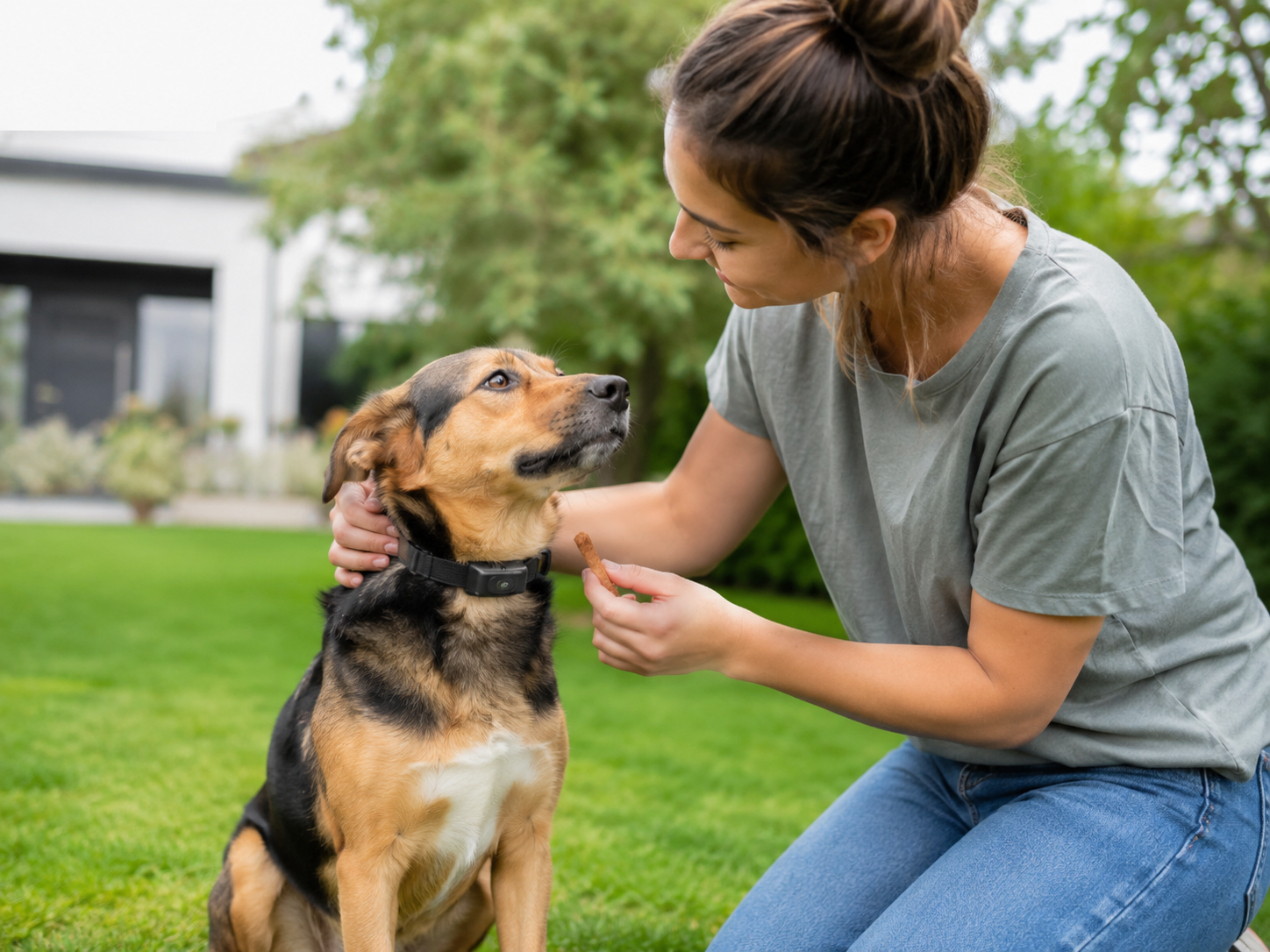 Rustige hond die positief wordt beloond tijdens training met een anti blafband