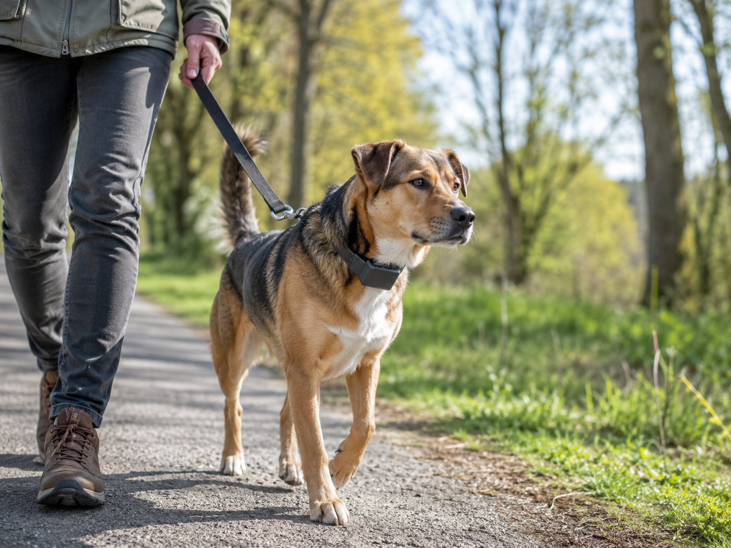 Hond loopt rustig aan de lijn met een anti blafband tijdens training buiten