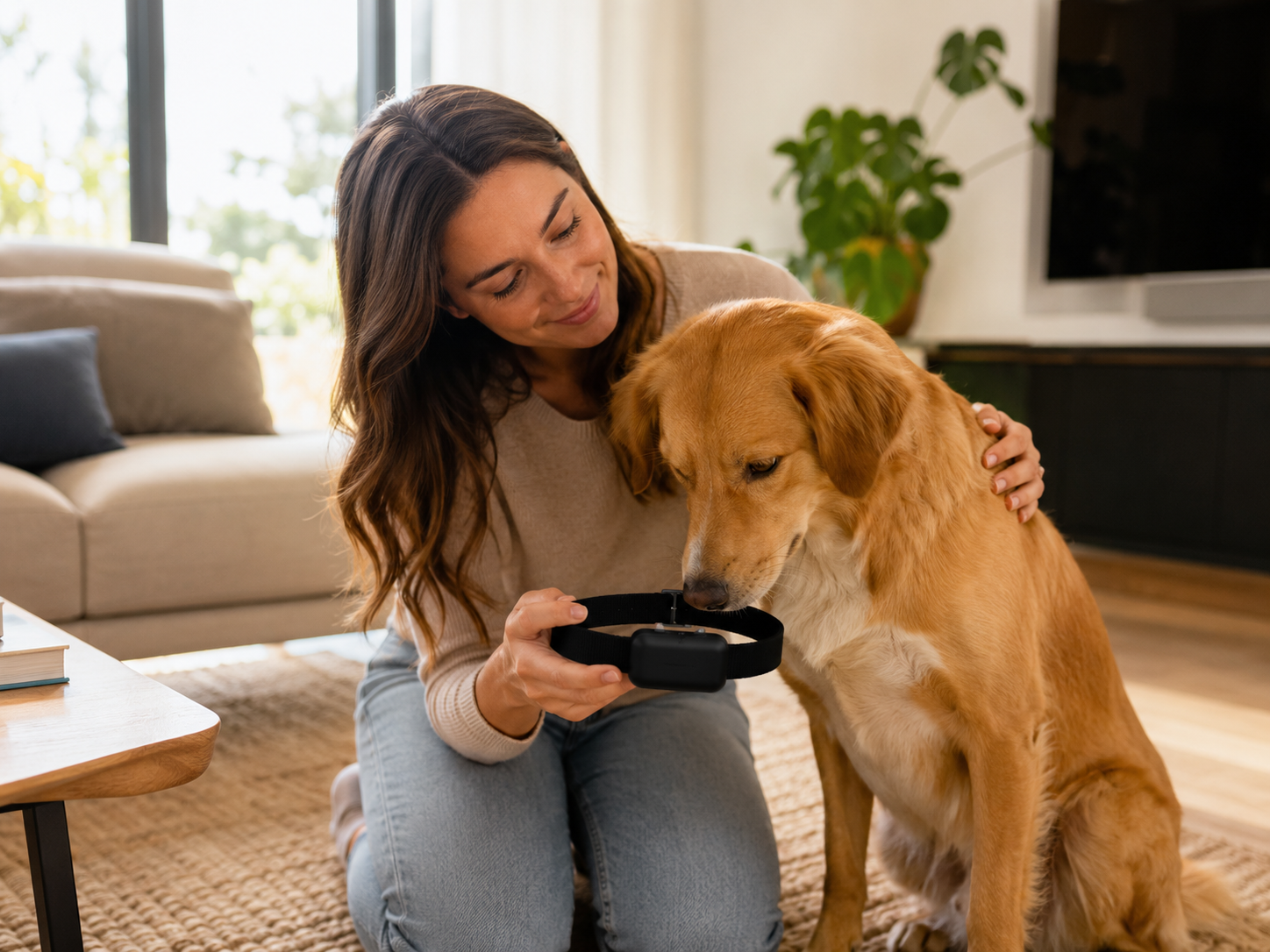 Hond maakt rustig kennis met een uitgeschakelde anti blafband