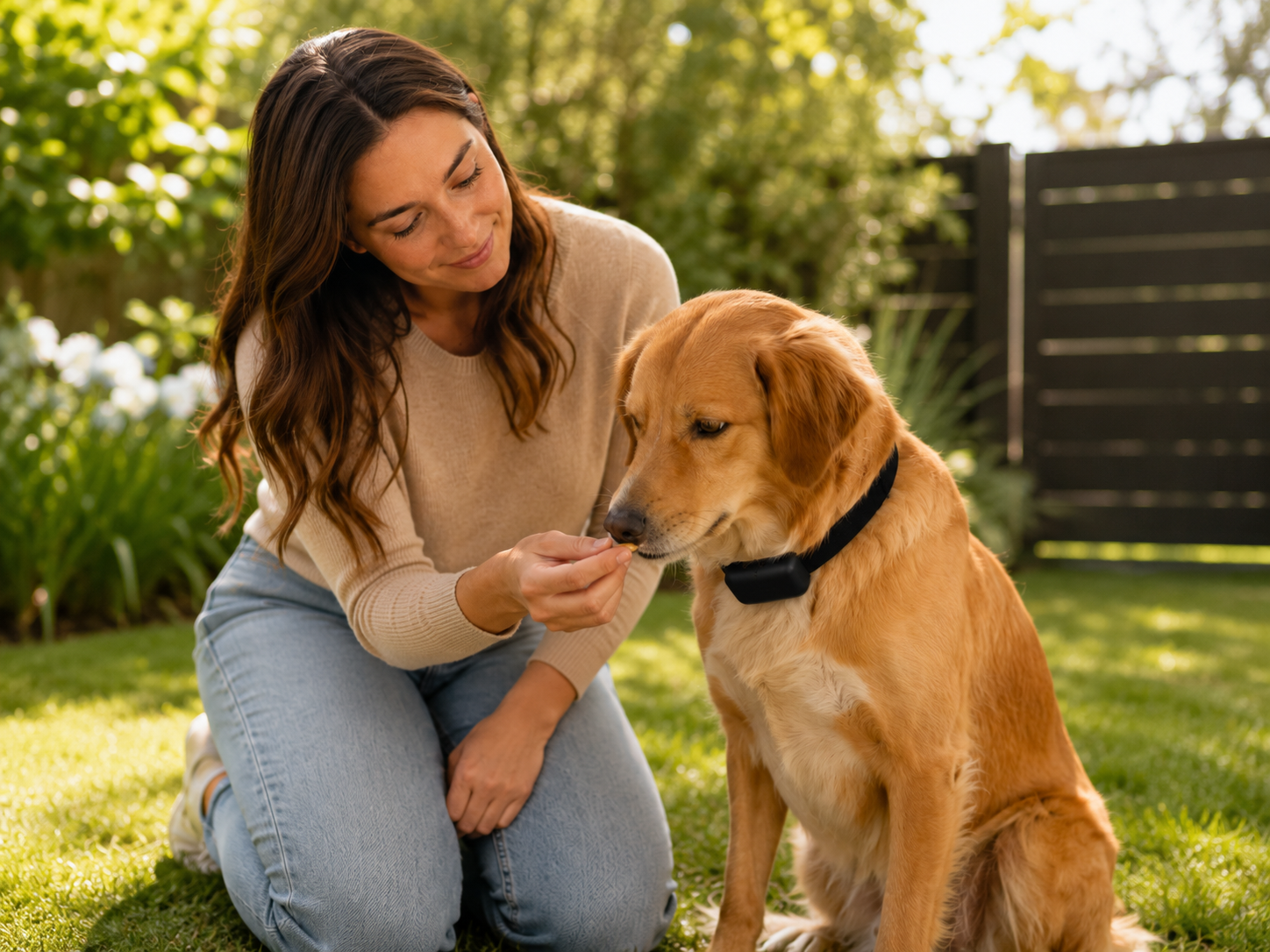 Hond krijgt een beloning tijdens het wennen aan een anti blafband