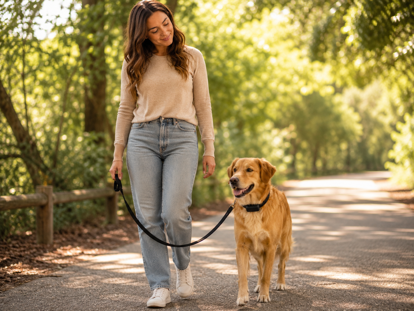 Ontspannen hond draagt een anti blafband tijdens een rustige wandeling