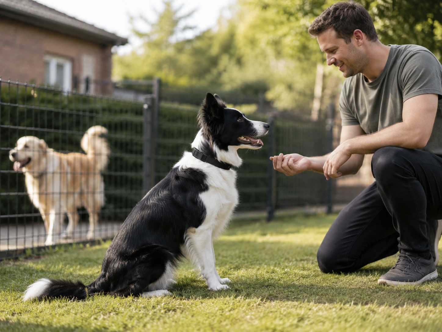 Hond blijft rustig bij een andere hond achter een hek