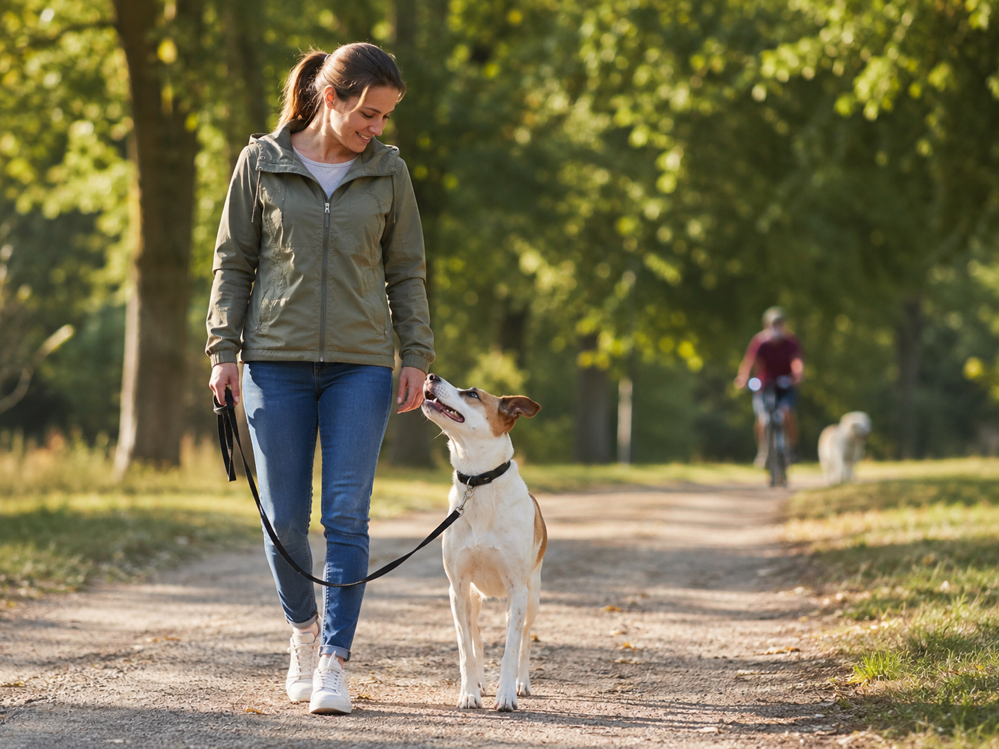 Hond loopt rustig langs afleiding met anti blafband