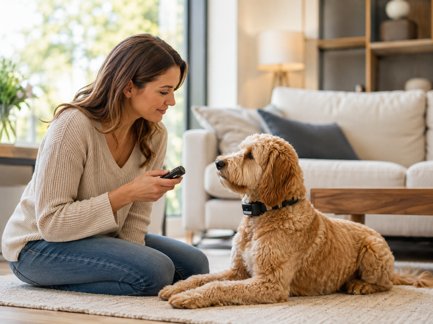 Eigenaar traint hond rustig met anti blafband en afstandsbediening