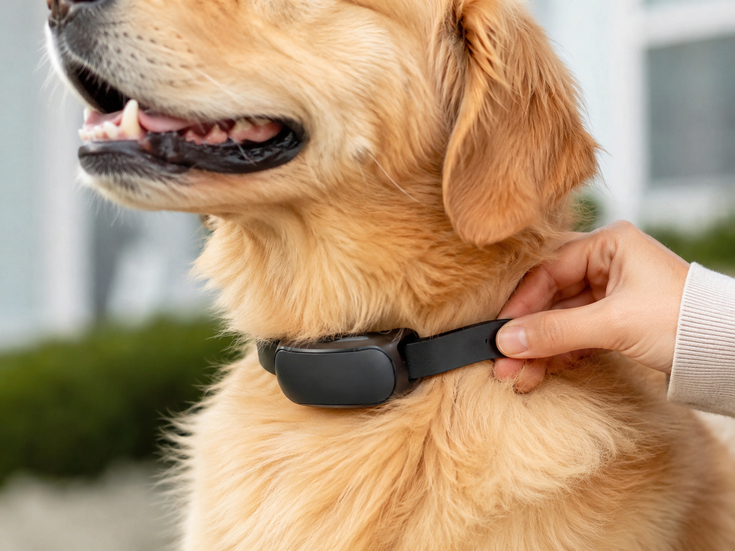 Close-up van correcte pasvorm van een anti blafband rond de nek van een hond