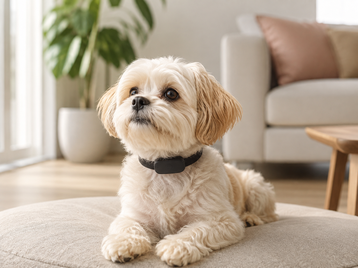 Kleine hond draagt een compacte anti blafband in huis