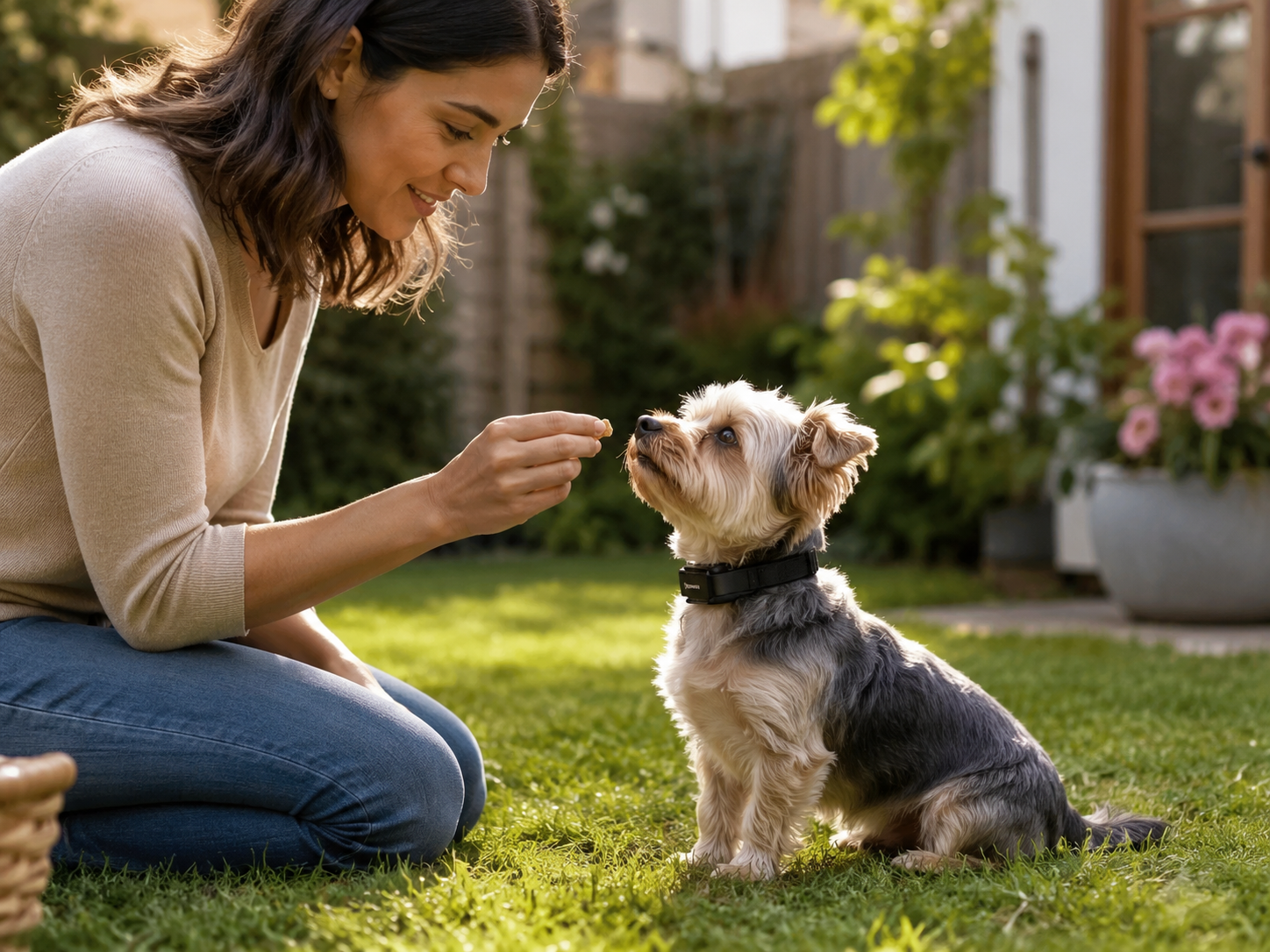 Baasje beloont een kleine hond tijdens training met anti blafband