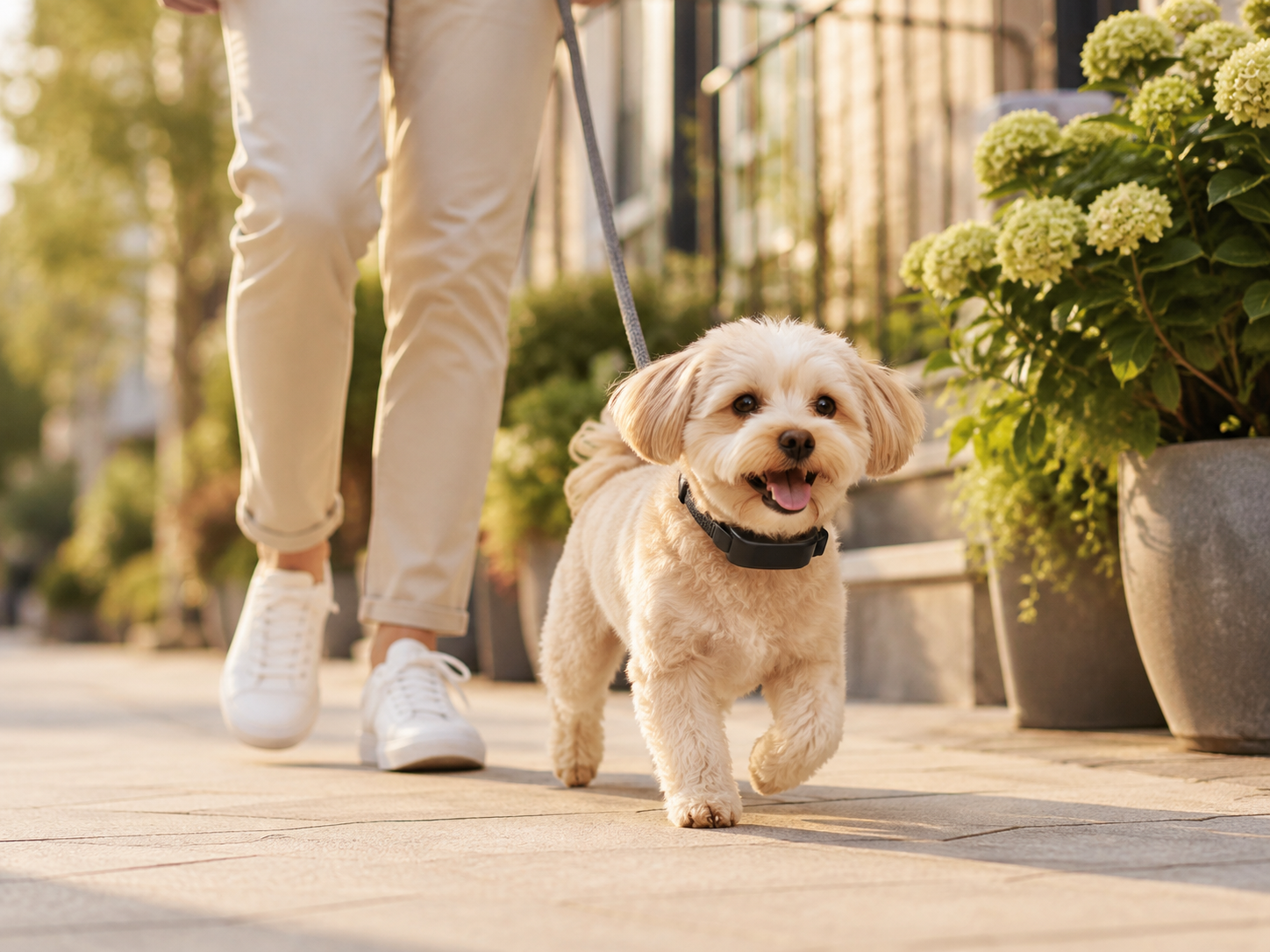 Kleine hond loopt ontspannen buiten met een compacte halsband