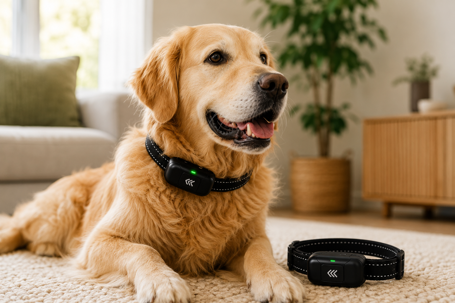 Grote golden retriever draagt een anti blafband in huis