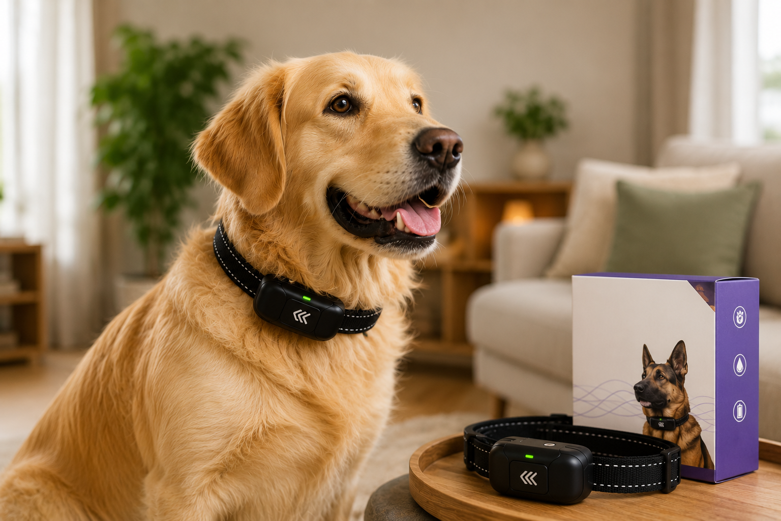 Golden retriever met anti blafband naast bijpassend product