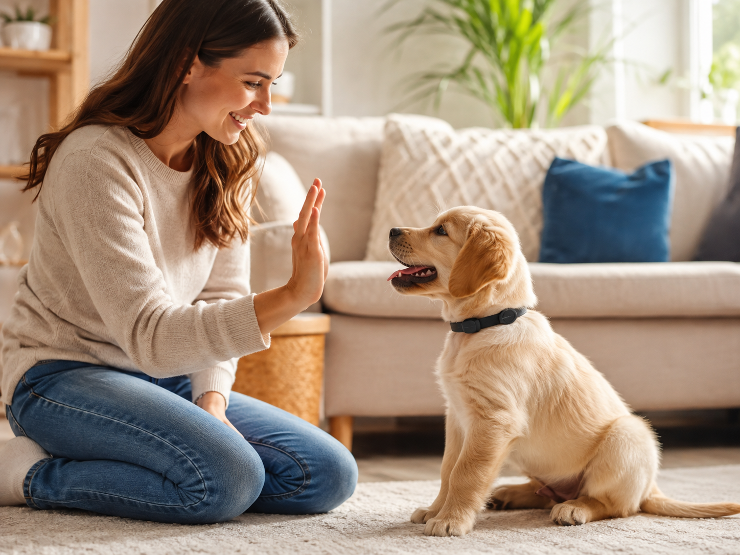 Baasje zit rustig naast hond met anti blafband in de woonkamer