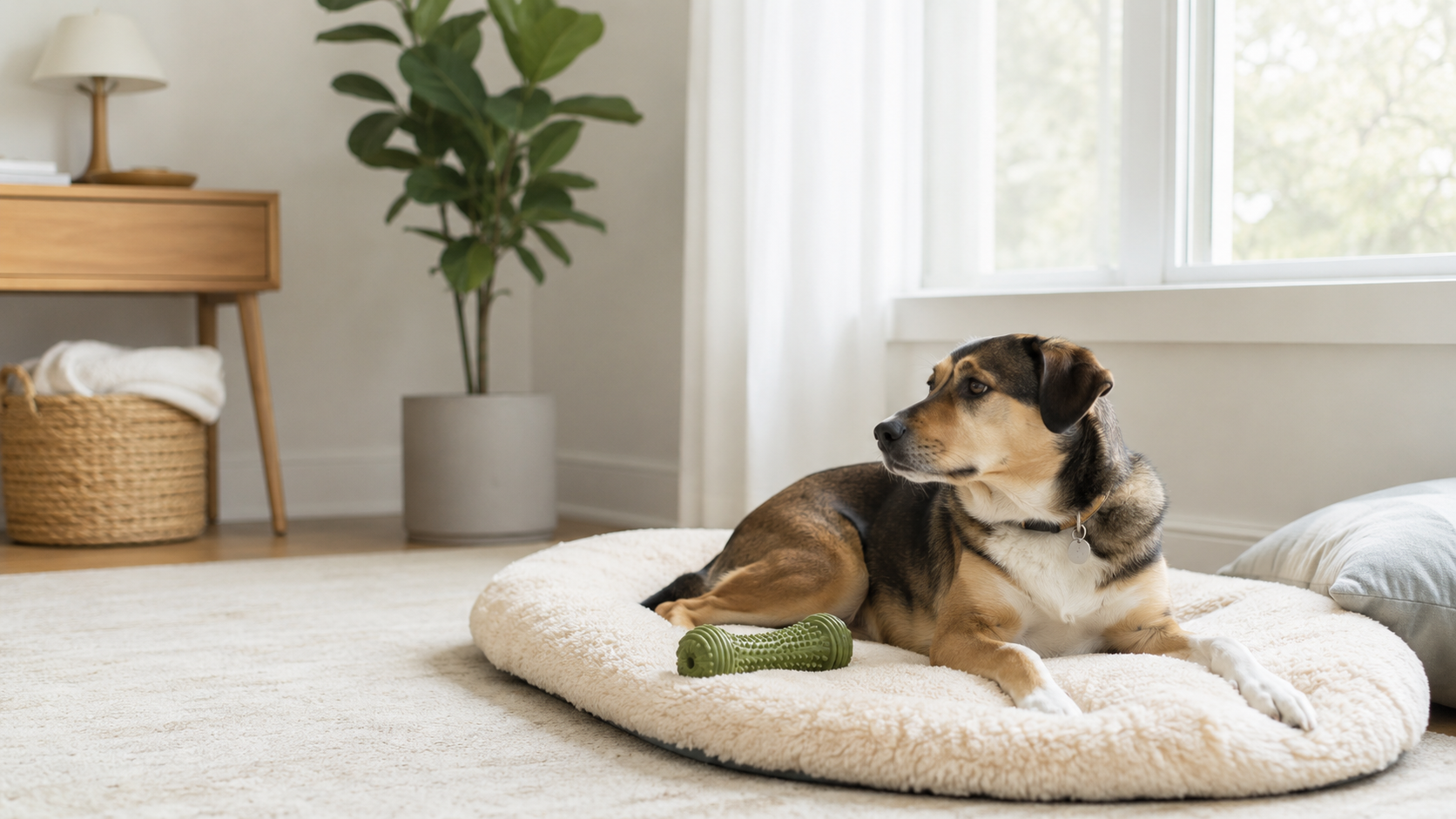 Rustige hond op hondenmand met speeltje in huis