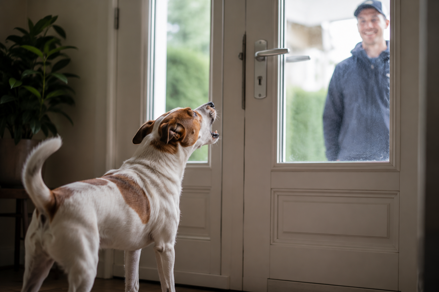 Hond blaft naar bezoek bij de voordeur