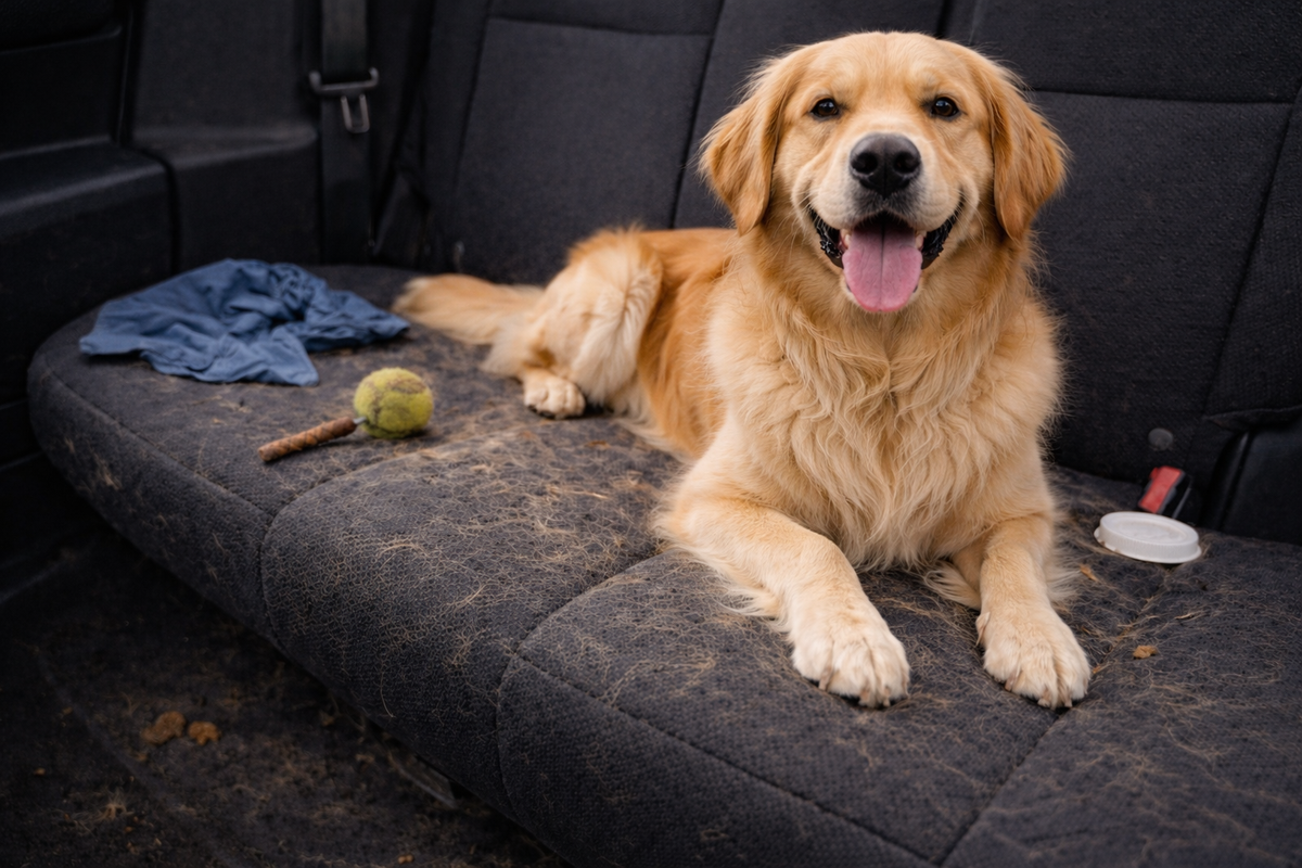 Golden retriever ligt los op een stoffen achterbank vol losse hondenharen, met een tennisbal en een handdoek ernaast
