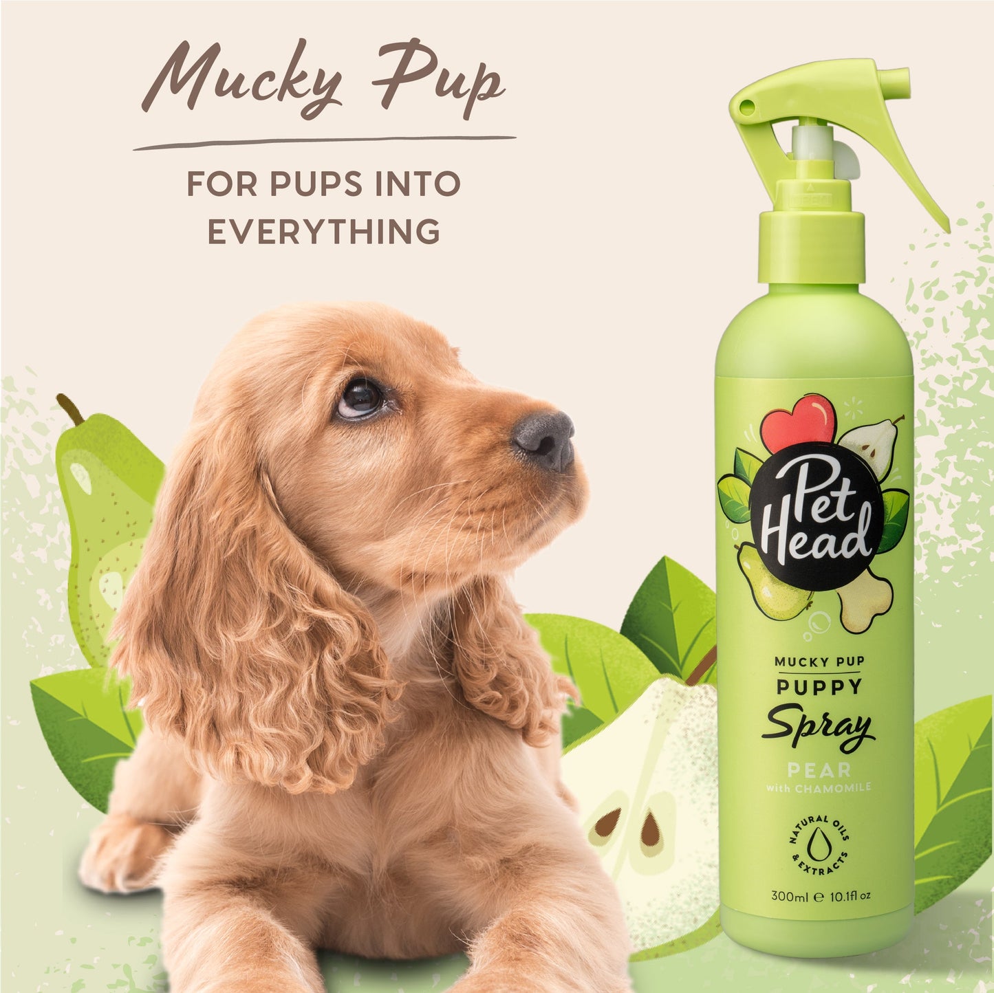 Cockerspaniel puppy naast de Pet Head Mucky Pup Puppy Vachtspray