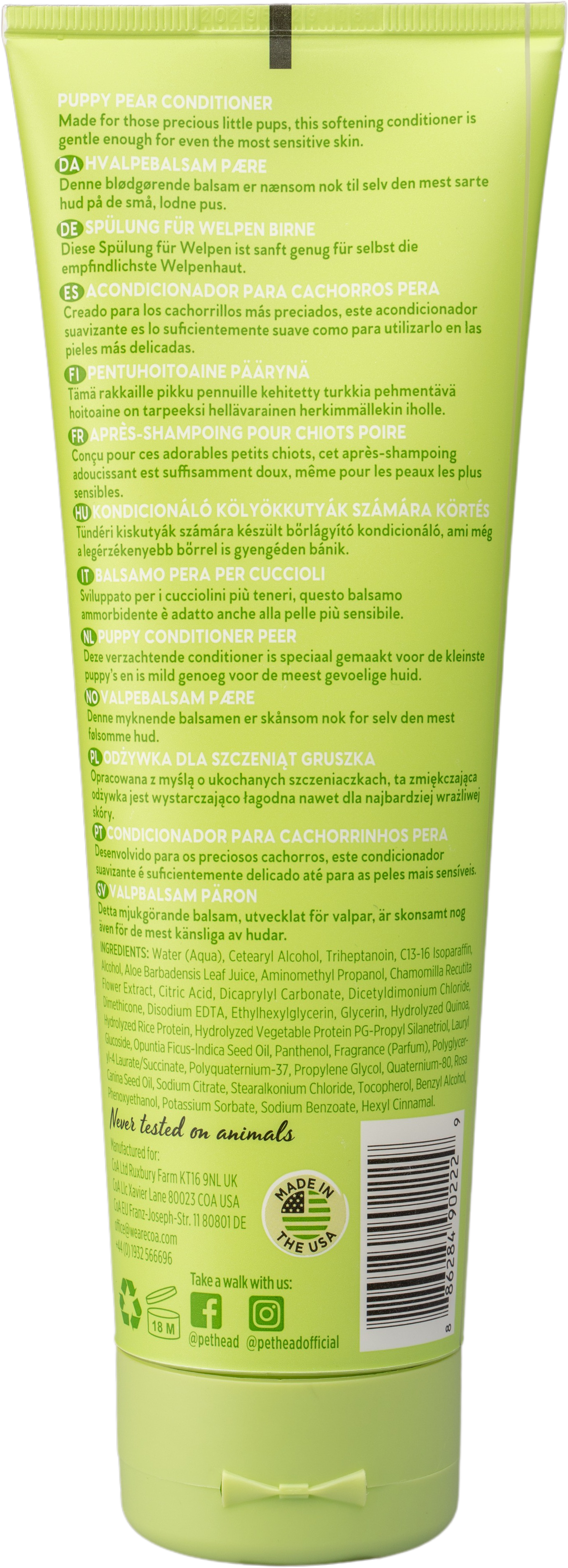 Pet Head Mucky Pup Puppy Conditioner 250ml achterkant met ingredienten