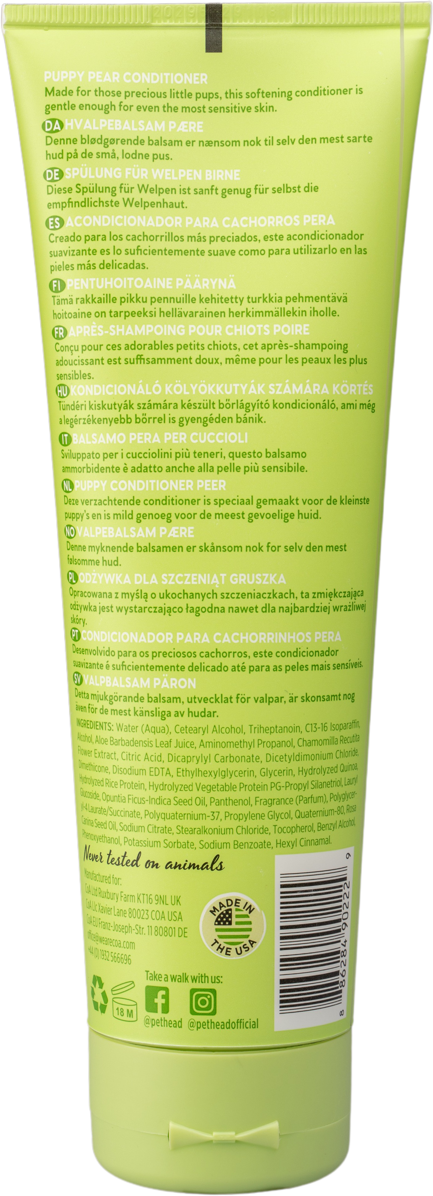 Pet Head Mucky Pup Puppy Conditioner 250ml achterkant met ingredienten