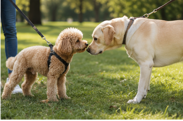 Hond reageert op andere hond tijdens wandeling