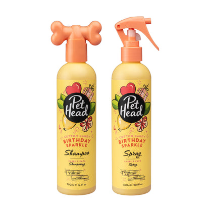 Pet Head Birthday Sparkle shampoo en vachtspray naast elkaar