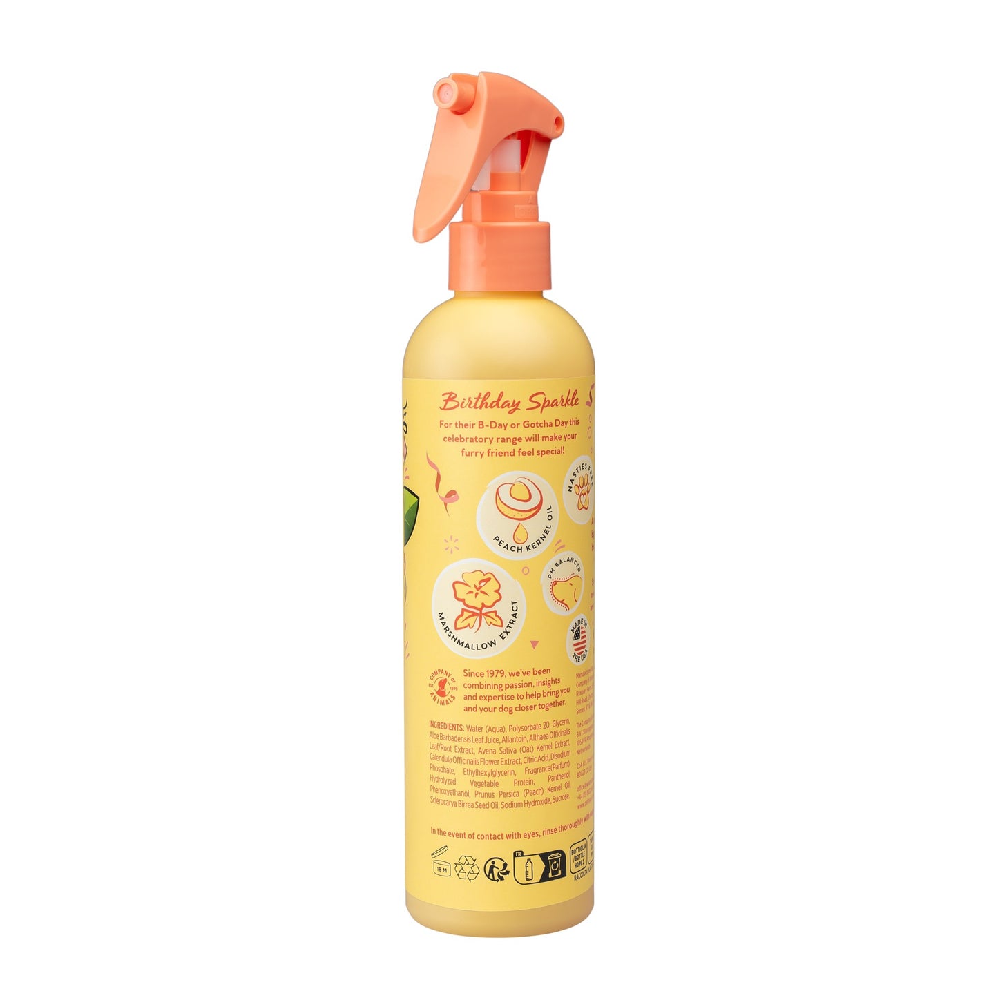 Ingredientenzijde van de Birthday Sparkle vachtspray