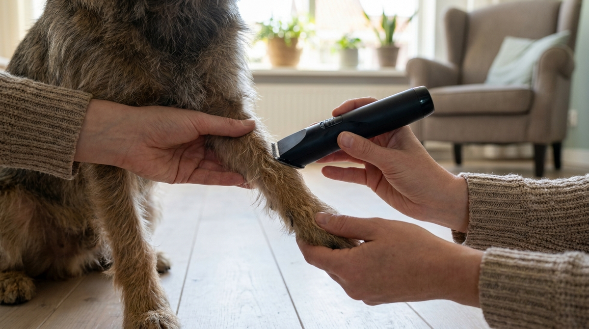Het been van een rustige hond wordt bijgewerkt met een draadloze hondentondeuse
