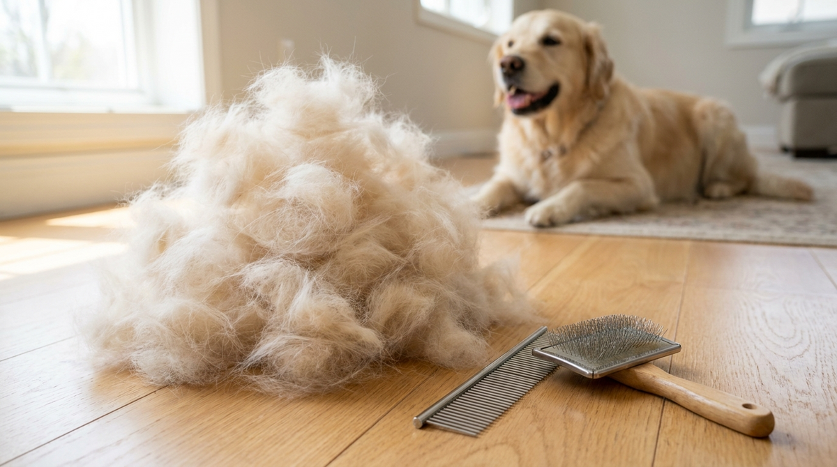 Grote berg uitgeborstelde ondervacht op een houten vloer naast een kam en slickerborstel, met een golden retriever op de achtergrond