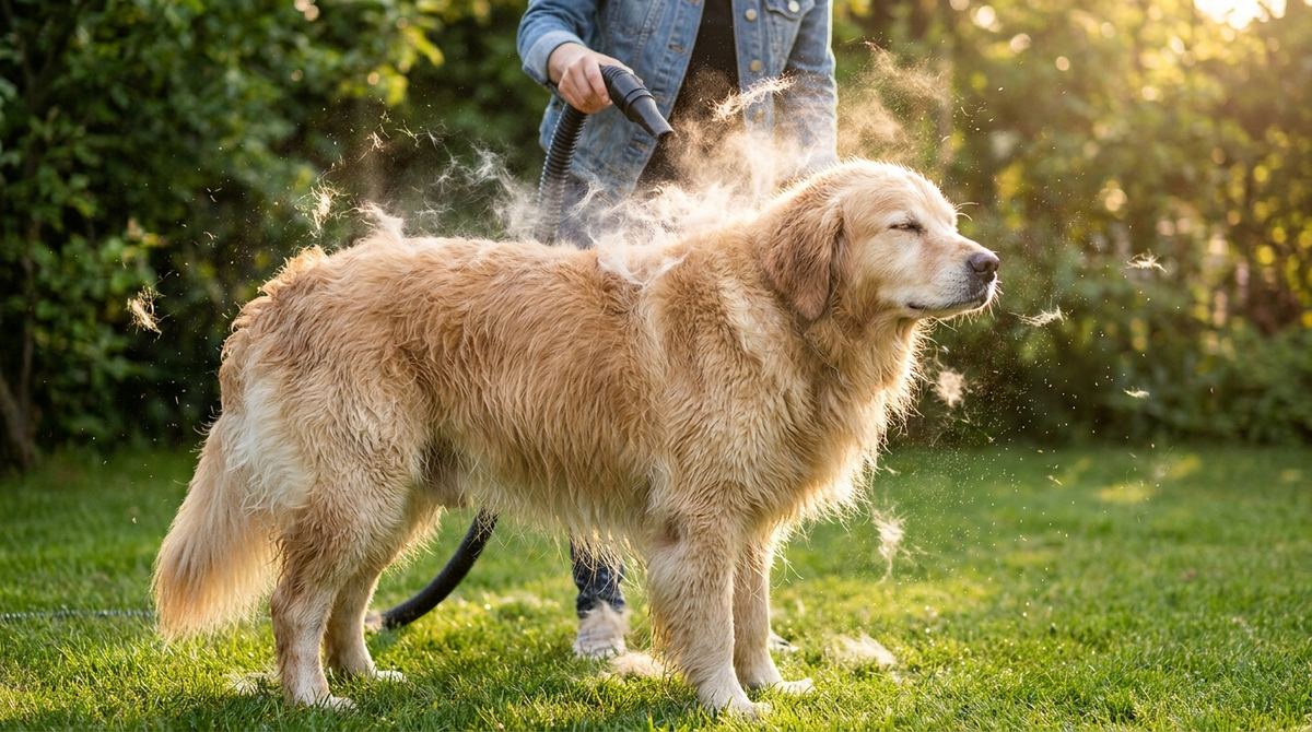 Losse ondervacht waait uit de vacht van een golden retriever terwijl hij met een waterblazer wordt gedroogd in de tuin