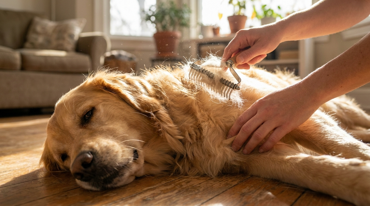 Golden retriever wordt geborsteld met een ondervachtkam waarin losse ondervacht blijft hangen