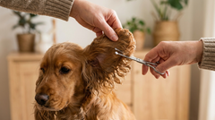 De oorrand van een cocker spaniel wordt bijgewerkt met een trimschaar met ronde punt