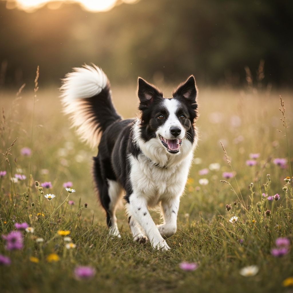 Zwart-witte border collie met een witte kraag en een pluimstaart loopt door een bloemenweide