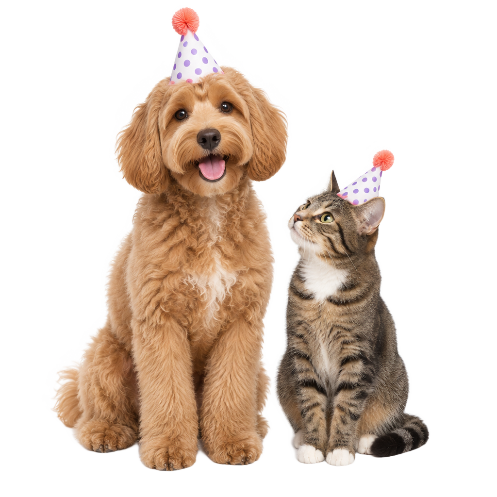 Hond en kat met feesthoedje vieren Dierendag