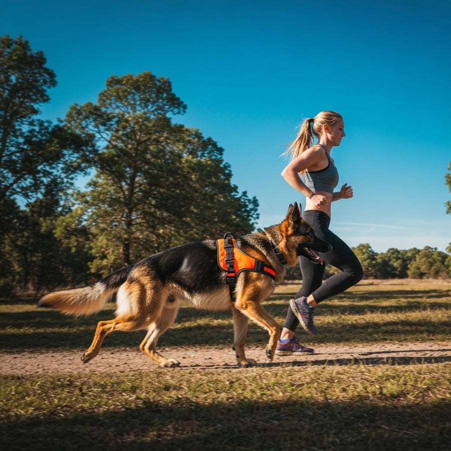 Duitse herder in een oranje tuig rent op een zandpad in het park naast een hardlopende vrouw
