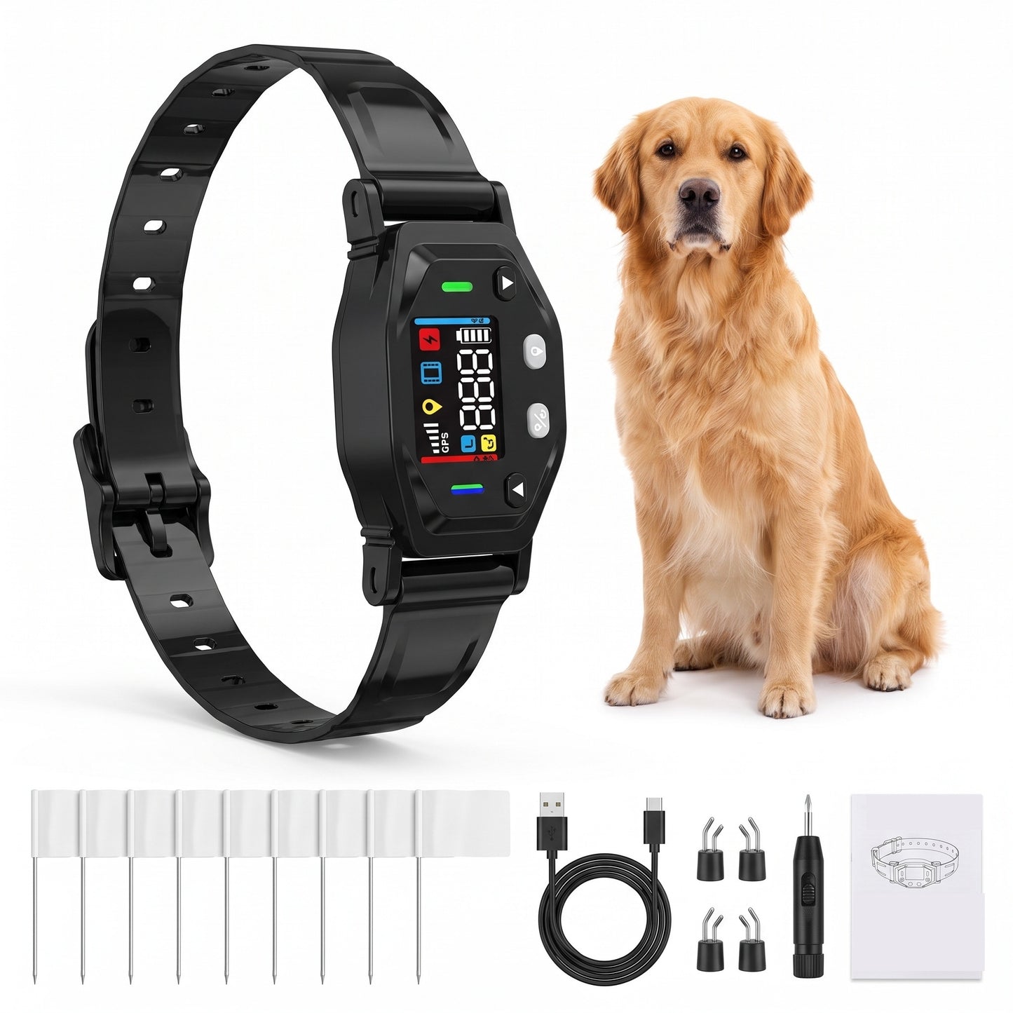 GPS hondenomheining met halsband, tien grensvlaggetjes, USB-C kabel, contactpunten en testlampje