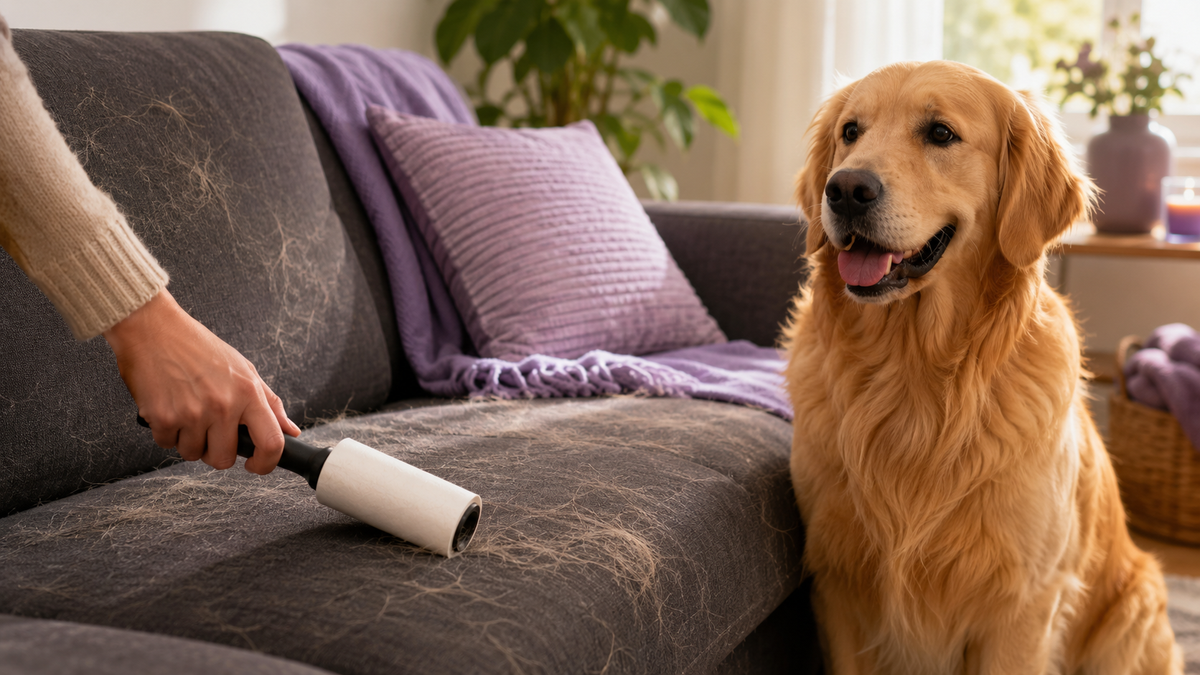 Kleefroller haalt hondenharen van een bankstel, hond zit ernaast