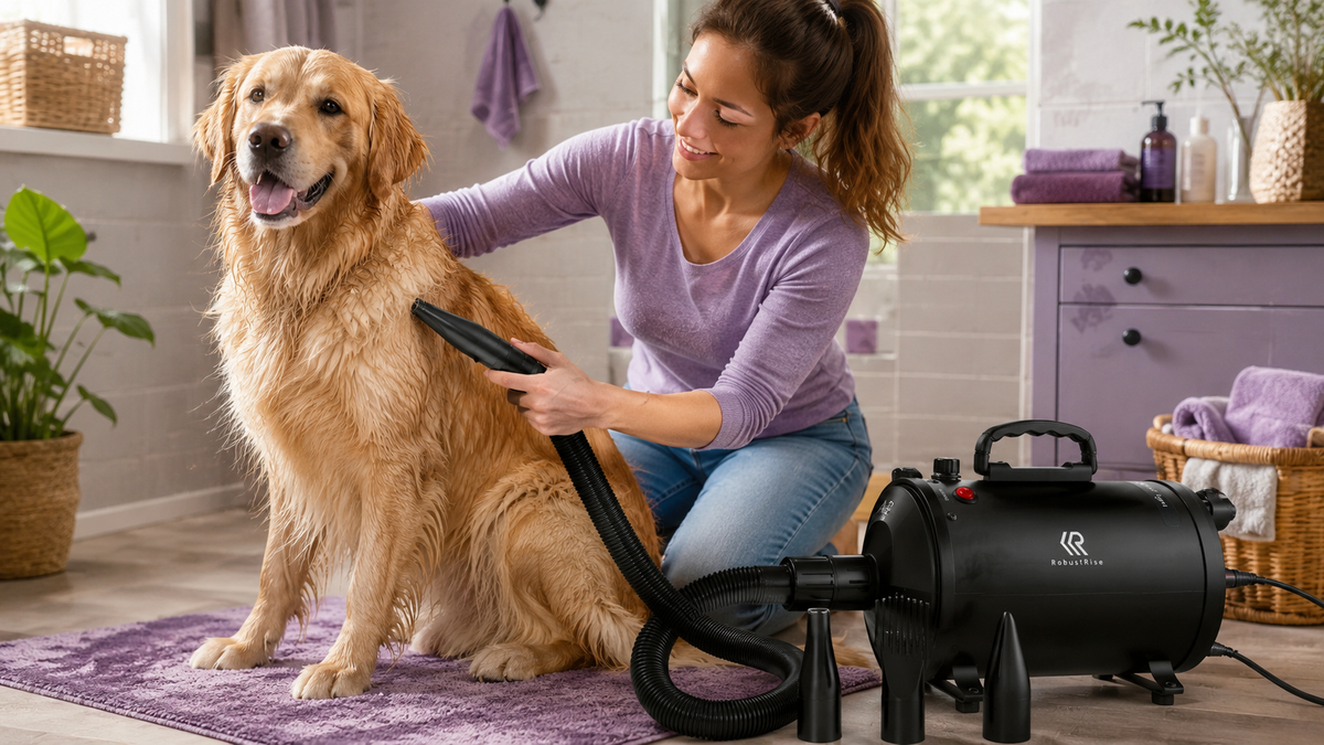 Golden retriever wordt na het wassen gedroogd met een waterblazer
